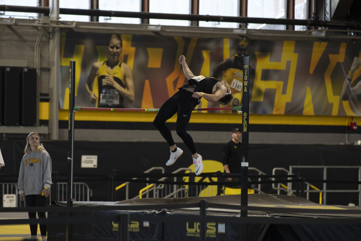Iowa sophomore Sal Capaldo competes in the vault during the Iowa Open track and field meet at the Hawkeye Indoor Track Facility in Iowa City on Friday, Feb. 21, 2025.
