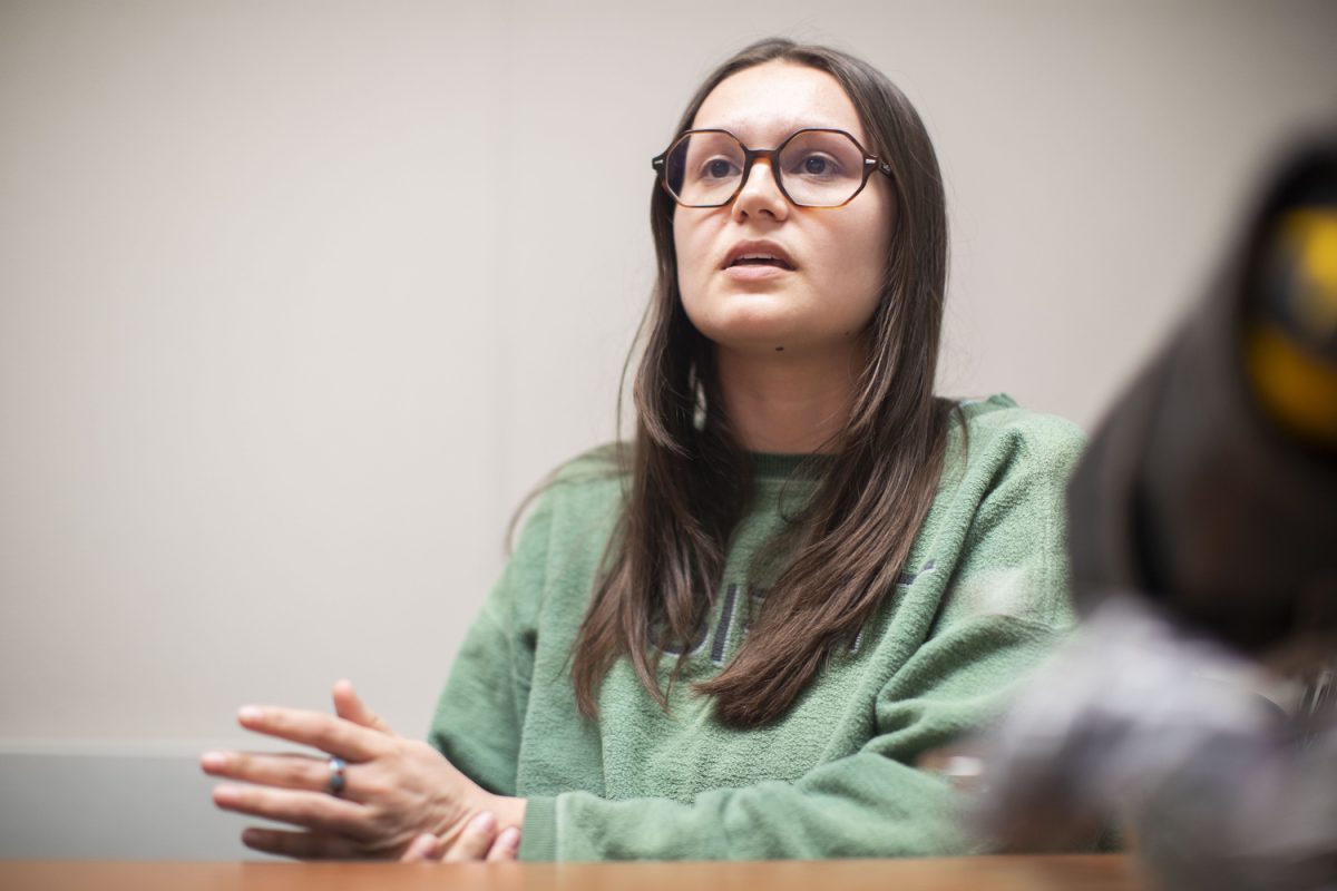 Iowa USG president Addison Eckard speaks with Daily Iowan reporters in the Iowa Memorial Union on March 28, 2025. Eckard and fellow members of USG teamed up with Planned Parenthood to distribute free Plan B to students at Emma Goldman Clinic.